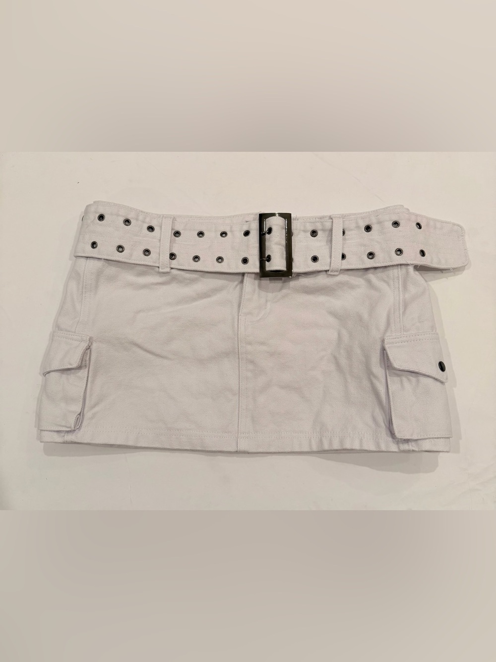 Princess Polly Cargo Mini Skirt White Belted Canvas Buckle Pockets Low Rise
